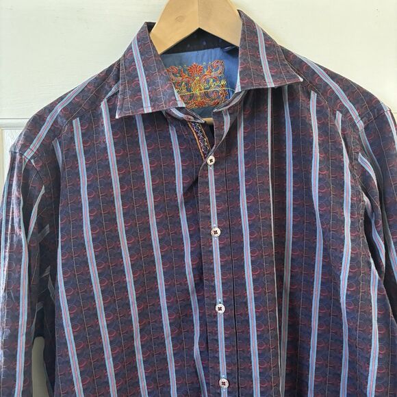 Robert Graham Men Dress Shirt Sized Med Purple Striped Flip Cuff Preppy Designer - Picture 3 of 16